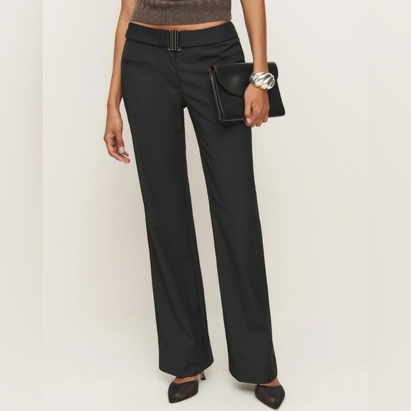 NWT Reformation X Camille Rowe Black Pinstripe Cherie Pant Trousers Size 12 - Picture 2 of 15